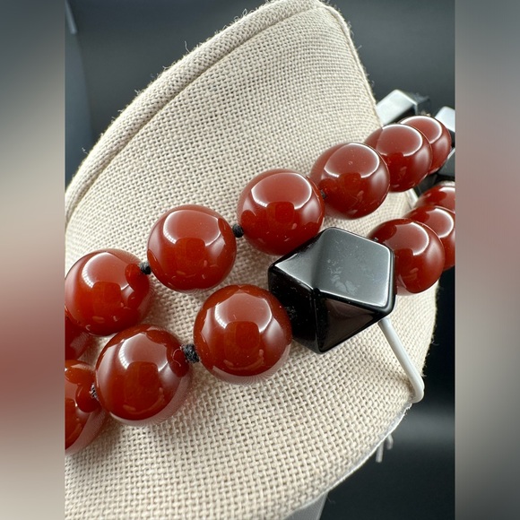 Vintage 15-11 MM ONYX & ORANGE JASPER BEAD 32" NECKLACE heavy - Picture 11 of 14